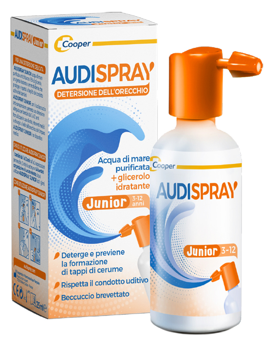AUDISPRAY JUNIOR 3-12 ANNI SOLUZIONE DI ACQUA DI MARE IPERTONICA SPRAY SENZA GAS IGIENE ORECCHIO 25ML - farmaidea24.com