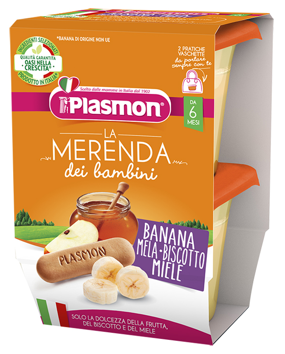 PLASMON LA MERENDA DEI BAMBINI MERENDE BANANA MELA BISCOTTO MIELE ASETTICO 2 X 120 G - farmaidea24.com