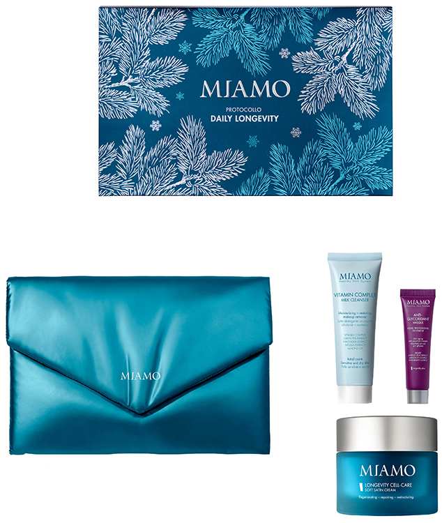 MIAMO COFANETTO PROTOCOLLO DAILY LONGEVITY 1 VITAMIN COMPLEX MILK CLEANSER 50 ML + 1 ANTI-GLYCOXIDANT MASQUE 10 ML + 1 LONGEVITY CELL-CARE SOFT SATIN CREAM 50 ML - farmaidea24.com