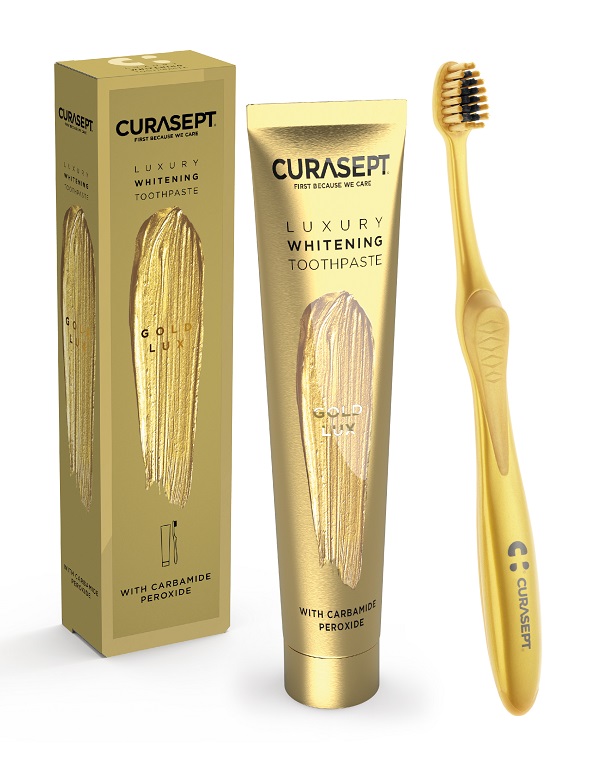 CURASEPT GOLD LUXURY WHITENING DENTIFRICIO 75 ML + SPAZZOLINO - farmaidea24.com