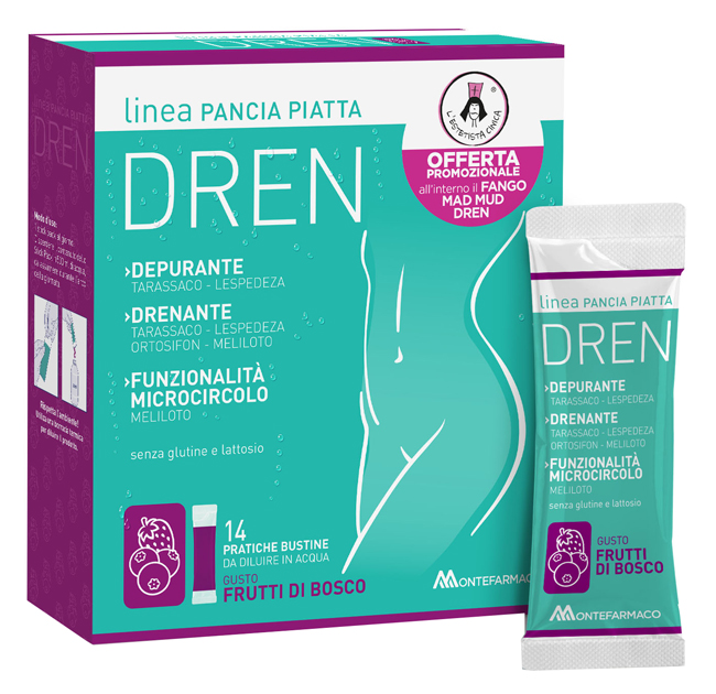 PANCIA PIATTA DREN FRUTTI DI BOSCO 14 BUSTINE STICK PACK + FANGO ATTIVO CELLULITE 100 ML OMAGGIO - farmaidea24.com