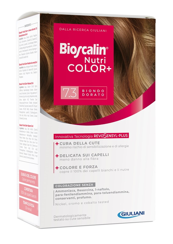 BIOSCALIN NUTRICOLOR PLUS 7,3 BIONDO DORATO CREMA COLORANTE 40 ML + RIVELATORE CREMA 60 ML + SHAMPOO 12 ML + TRATTAMENTO FINALE BALSAMO 12 ML - farmaidea24.com